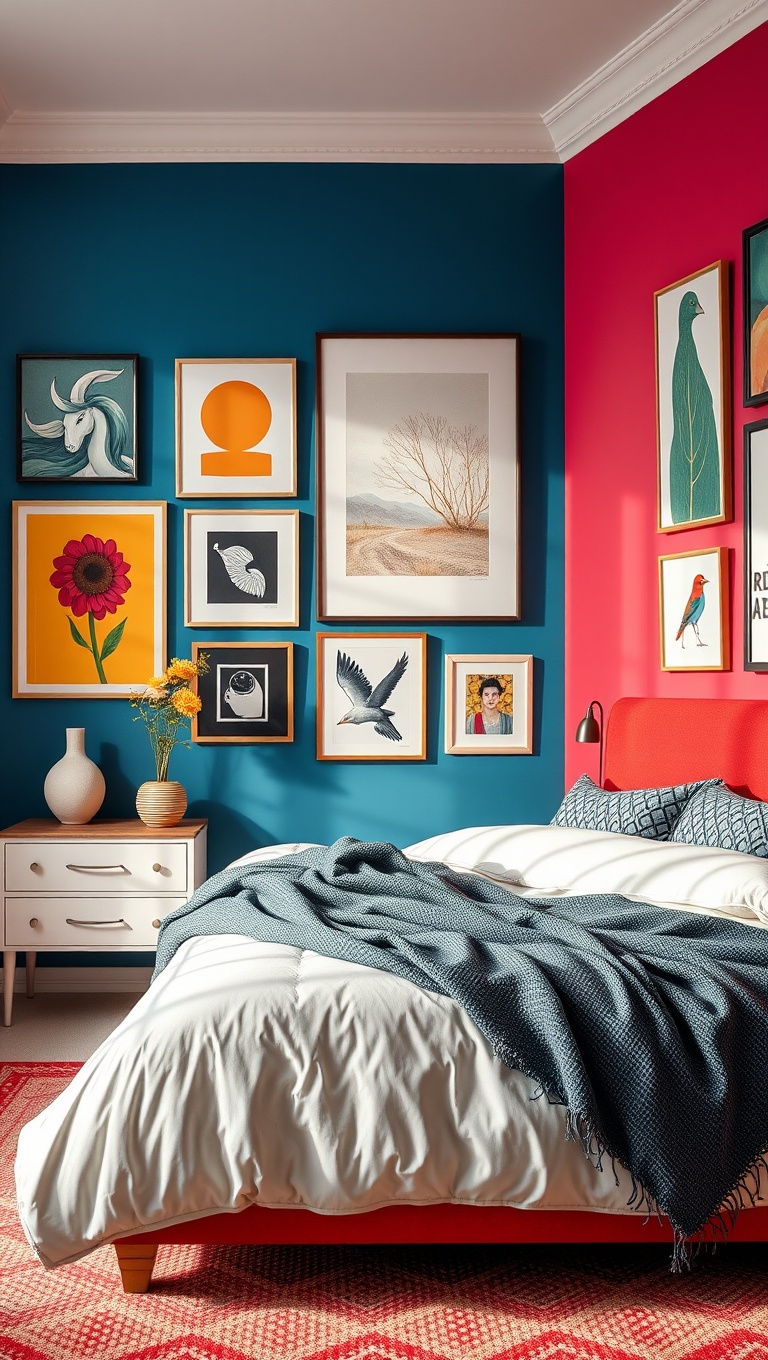 20 Dazzling Ideas to Transform Your Bedroom into a Bright and Bold Paradise! - 14. Artistic Gallery Walls Full of Life