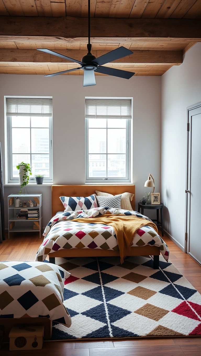 20 Chic Urban Bedroom Ideas to Inspire Your Space - 16. Geometric Patterns: Fun Shapes for Bedding and Rugs