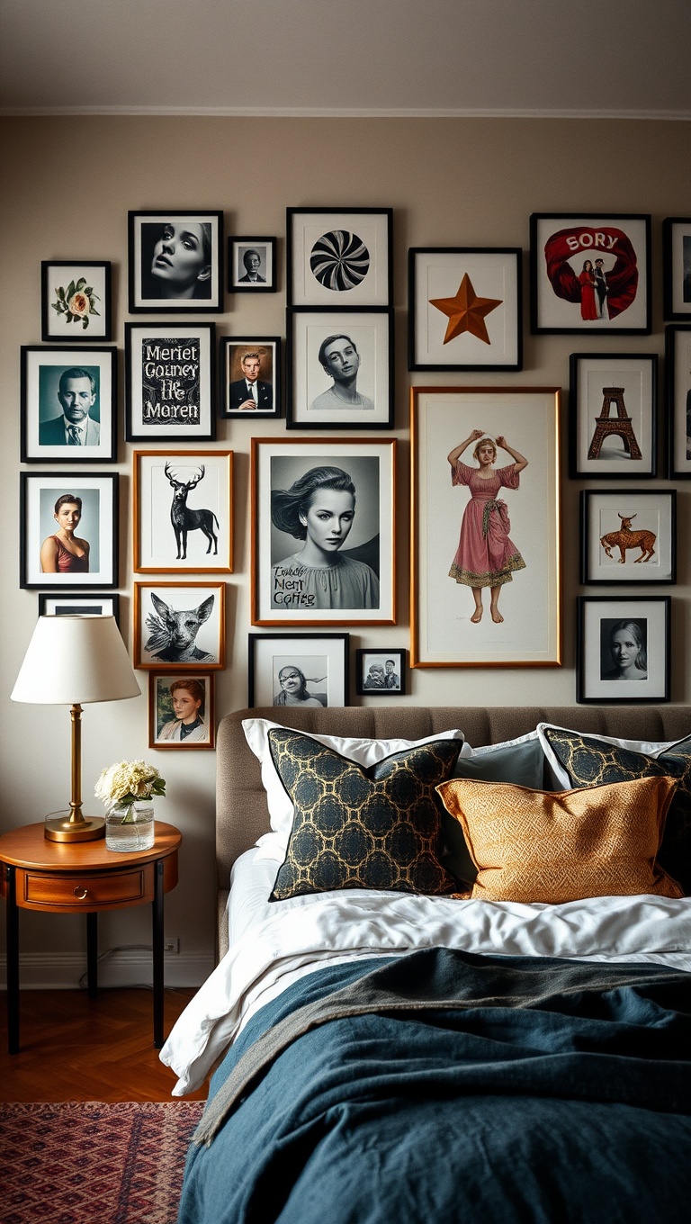 20 Chic Urban Bedroom Ideas to Inspire Your Space - 15. Eclectic Gallery Wall: Showcase Your Style