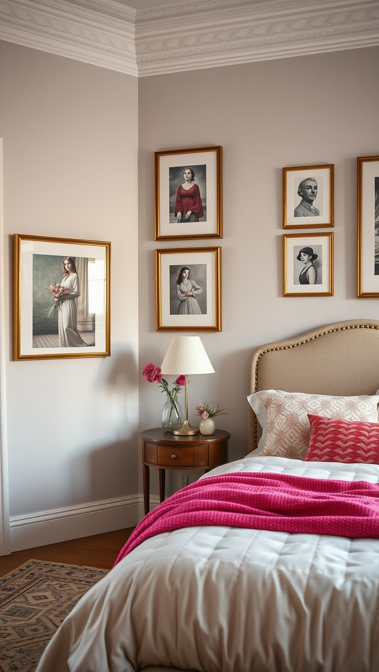 20 Chic Vintage Glam Bedroom Ideas to Transform Your Space - Framed Vintage Prints: Personalize Your Walls