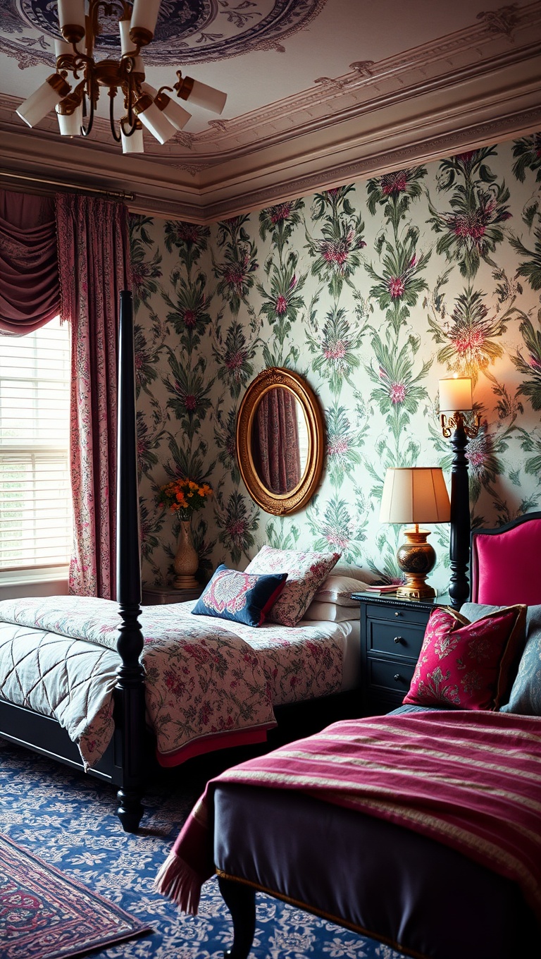 20 Chic Vintage Glam Bedroom Ideas to Transform Your Space - Bold Wallpaper: Make a Statement with Patterns