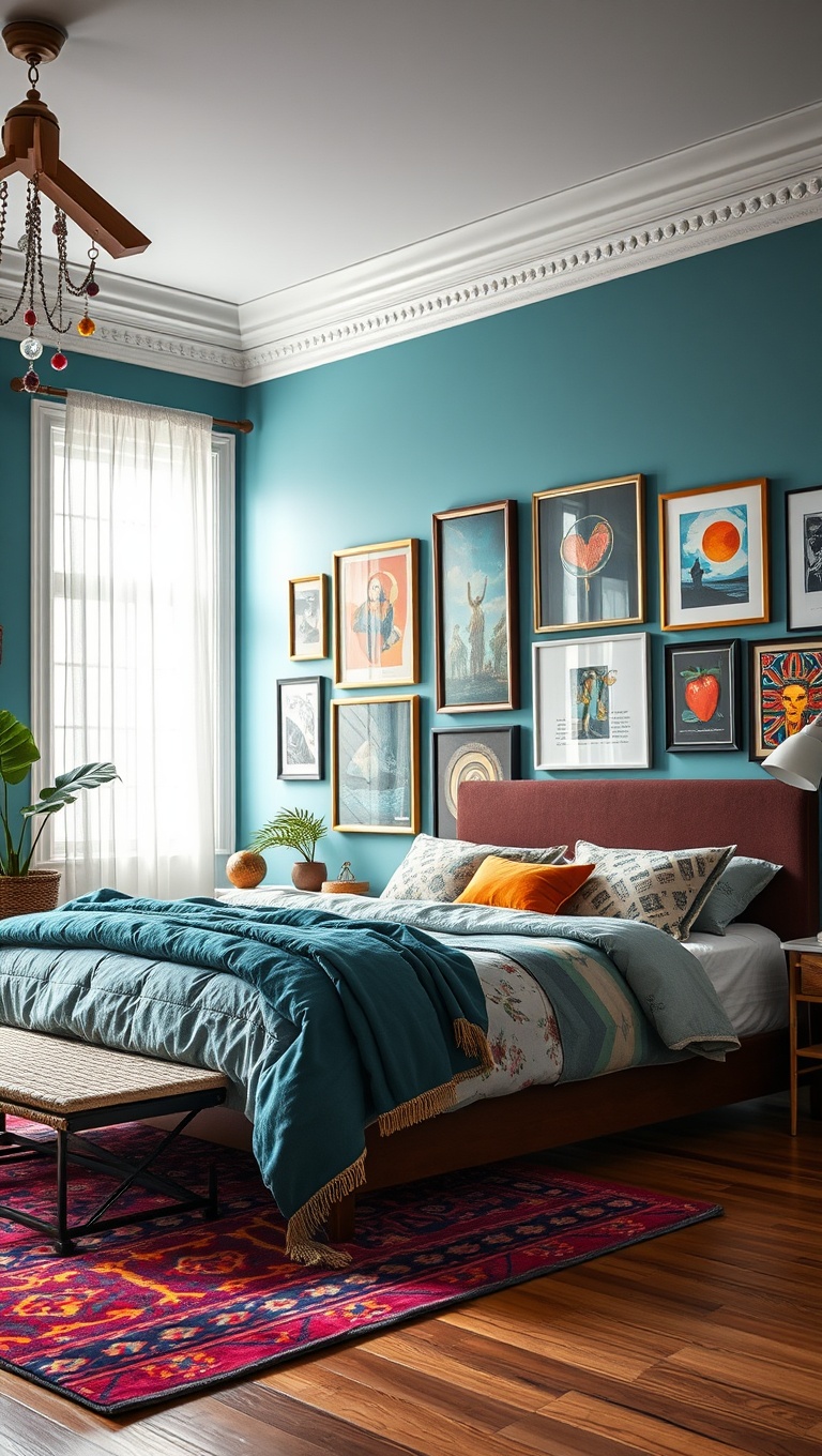 20 Vibrant Ideas for a Colorful Eclectic Bedroom - Create a Gallery Wall of Art