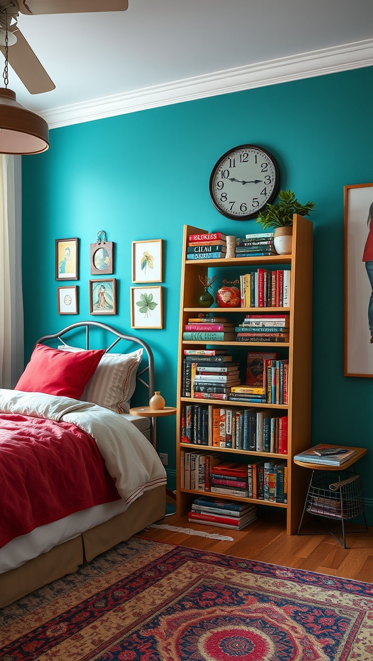 20 Vibrant Ideas for a Colorful Eclectic Bedroom - Display Colorful Books and Accessories