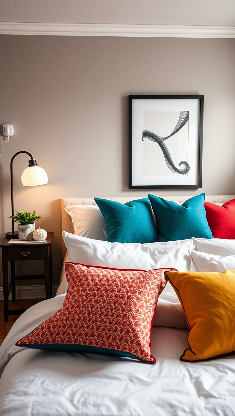 20 Creative Ideas for Stylish Compact Studio Bedrooms - 7. Add a Pop of Color with Accent Pillows