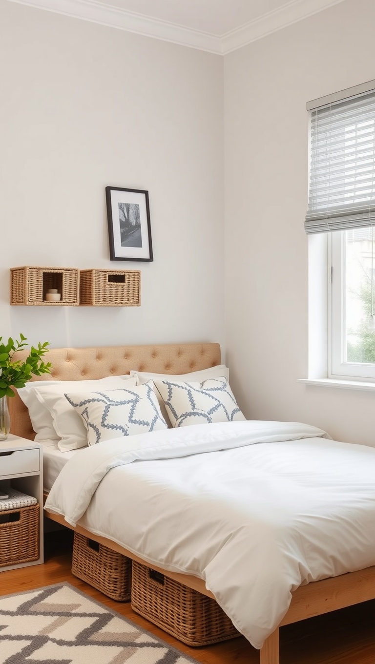 20 Creative Ideas for Stylish Compact Studio Bedrooms - 16. Organize with Stylish Baskets and Bins