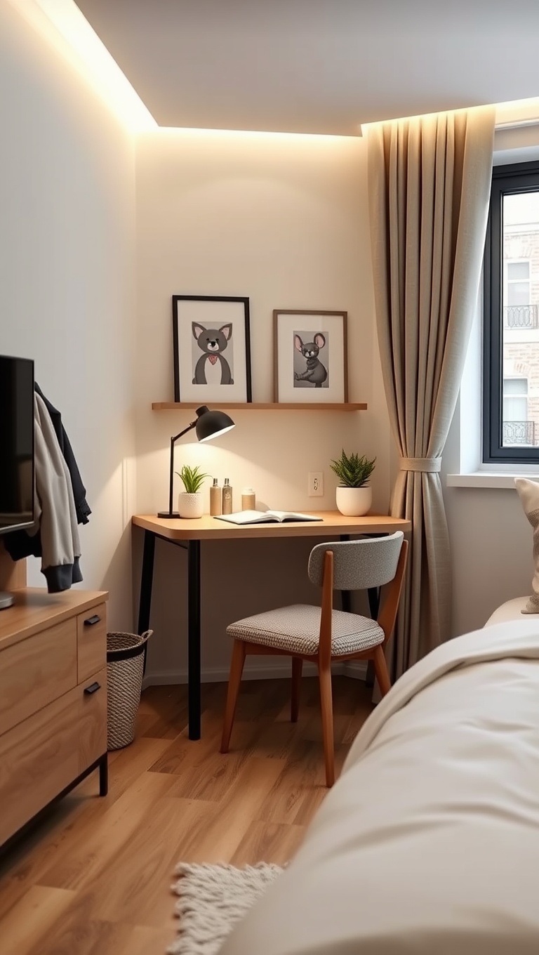 20 Creative Ideas for Stylish Compact Studio Bedrooms - 10. Incorporate a Compact Desk for Work or Study