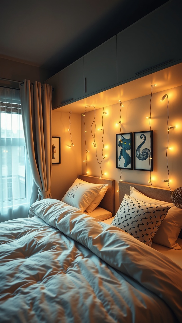 20 Creative Ideas for Stylish Compact Studio Bedrooms - 14. Hang Fairy Lights for a Magical Touch