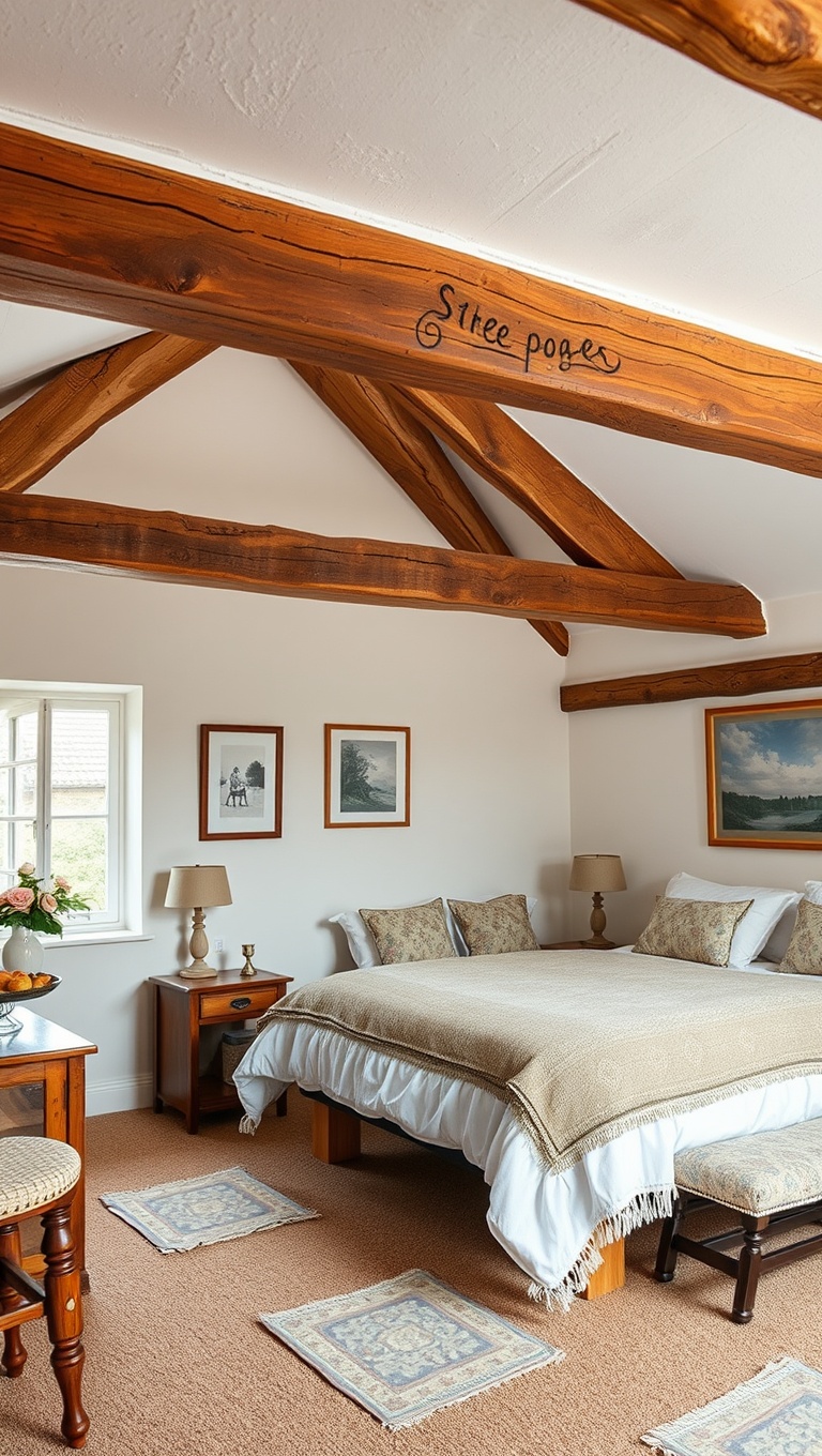 20 Charming Ideas for Your Dream Country Cottage Bedroom - 2. Rustic Wooden Beams