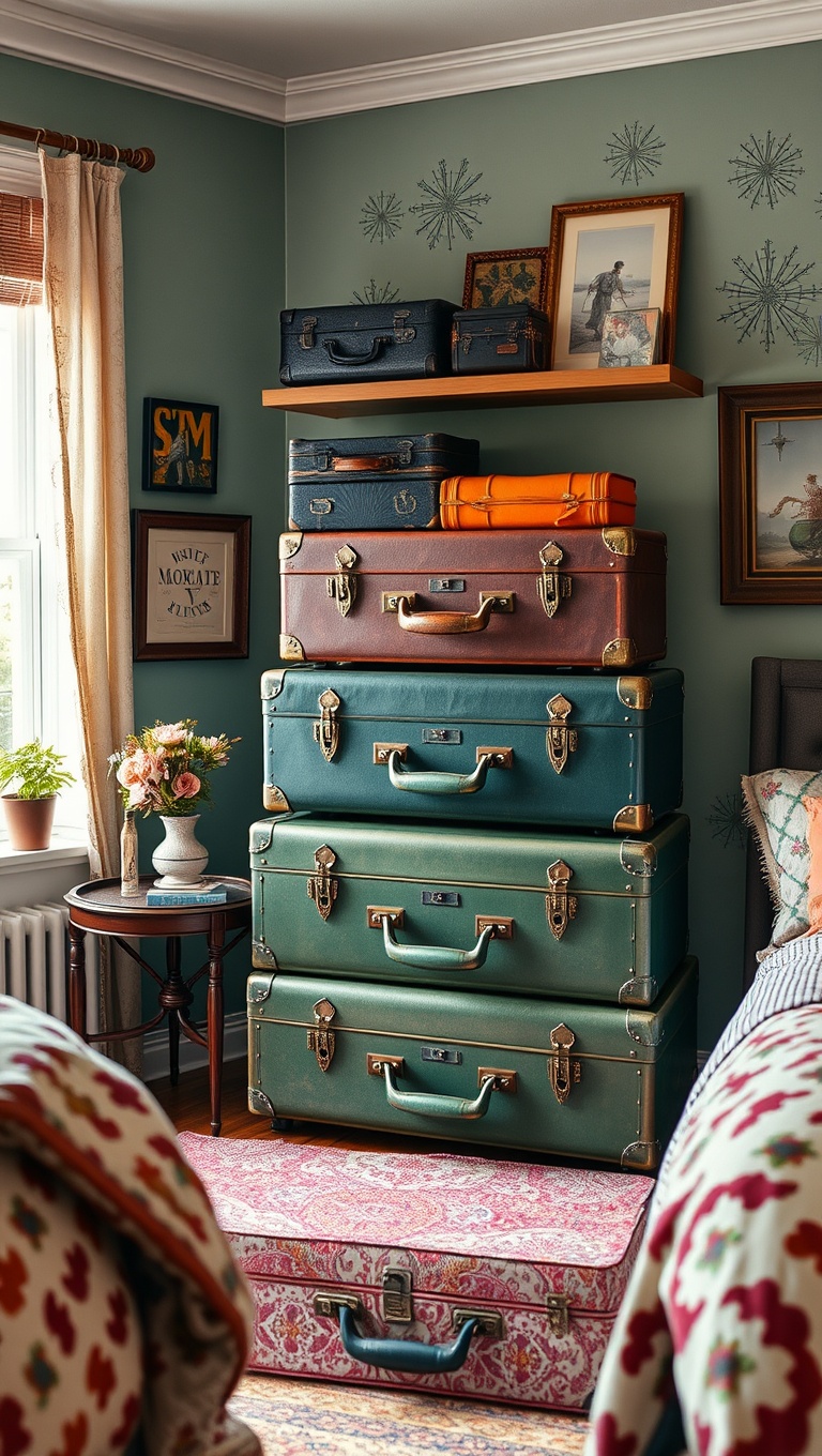20 Whimsical Ideas to Create Your Dream Eclectic Vintage Bedroom - 18. Vintage Suitcases: Stylish Storage Solutions