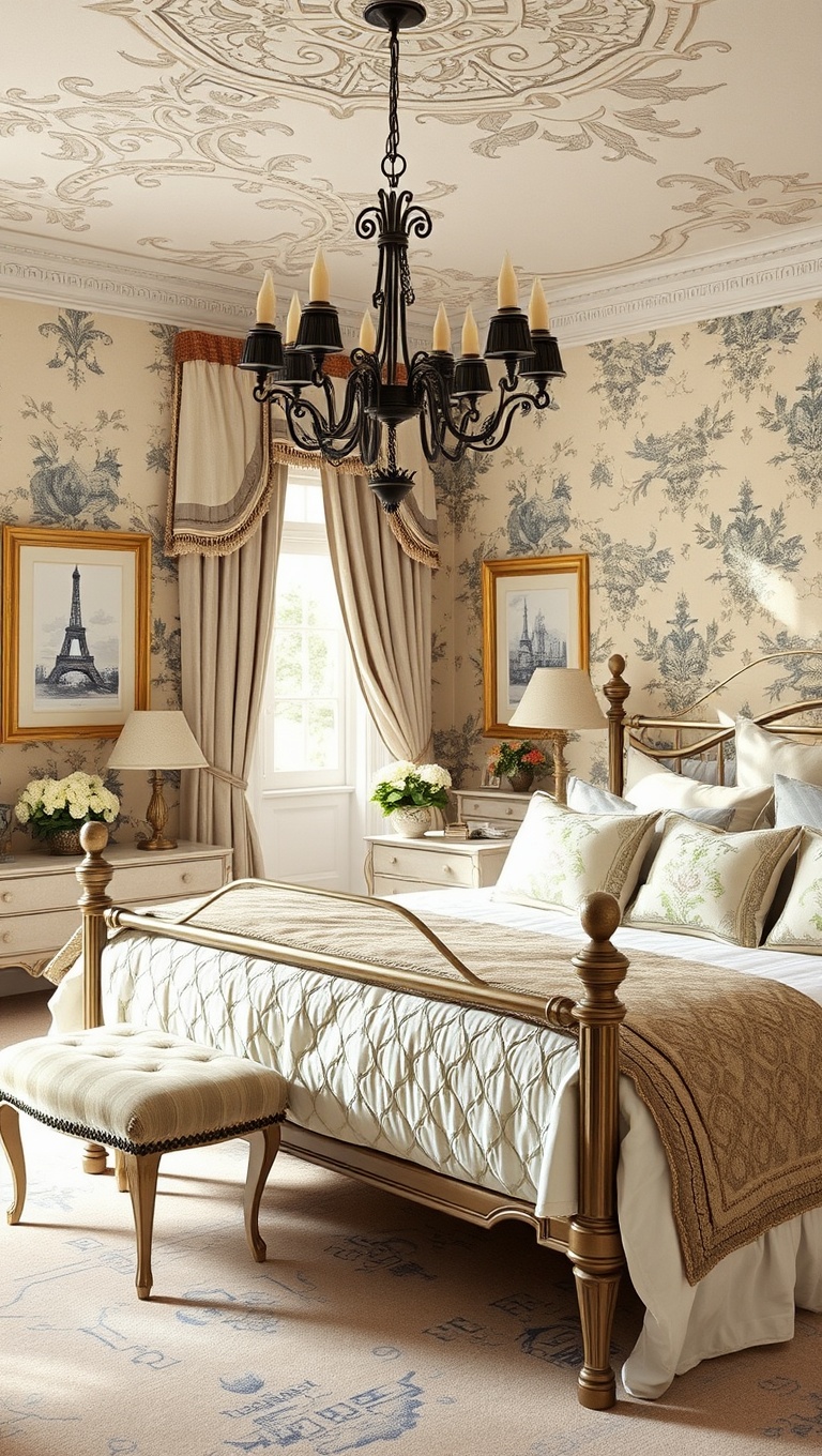 20 Charming Ideas for French Country Style Bedrooms - 9. French Toile Prints: Classic Beauty