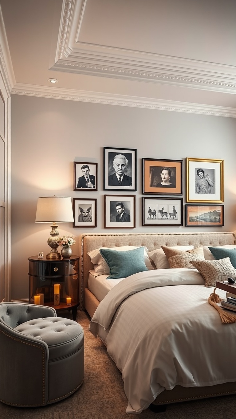 20 Glamorous Hollywood Style Bedroom Ideas to Transform Your Space - 14. Personal Art Displays: Showcase Your Style