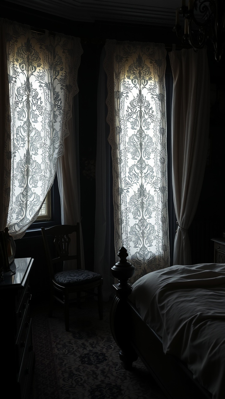 20 Spooktacular Ideas for Your Gothic Style Bedroom - Intricate Lace Curtains