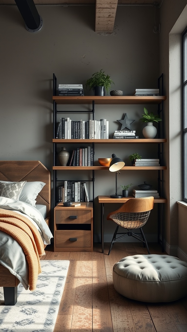 20 Inspiring Ideas to Create Your Dream Industrial Chic Bedroom - Open Shelving for Style and Function