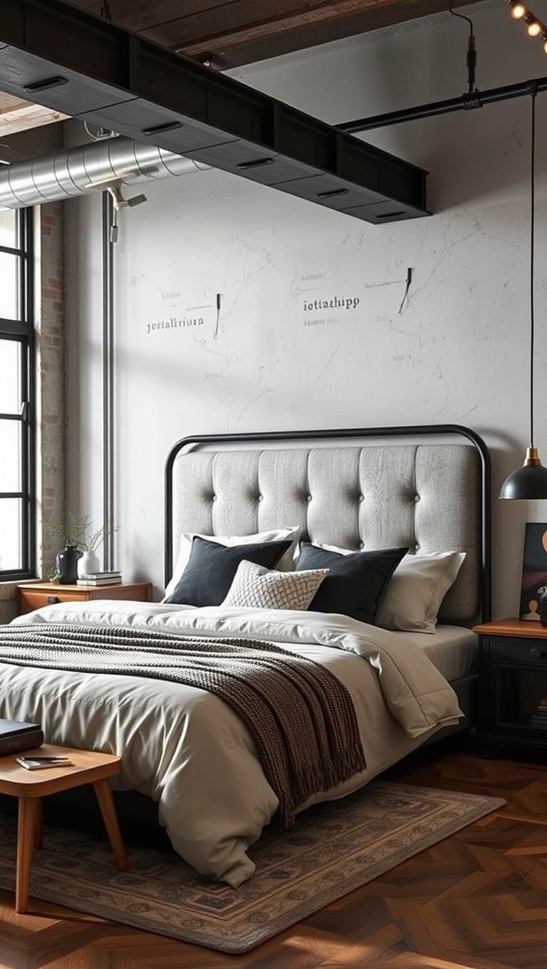20 Inspiring Ideas to Create Your Dream Industrial Chic Bedroom - A Statement Headboard to Tie it Together
