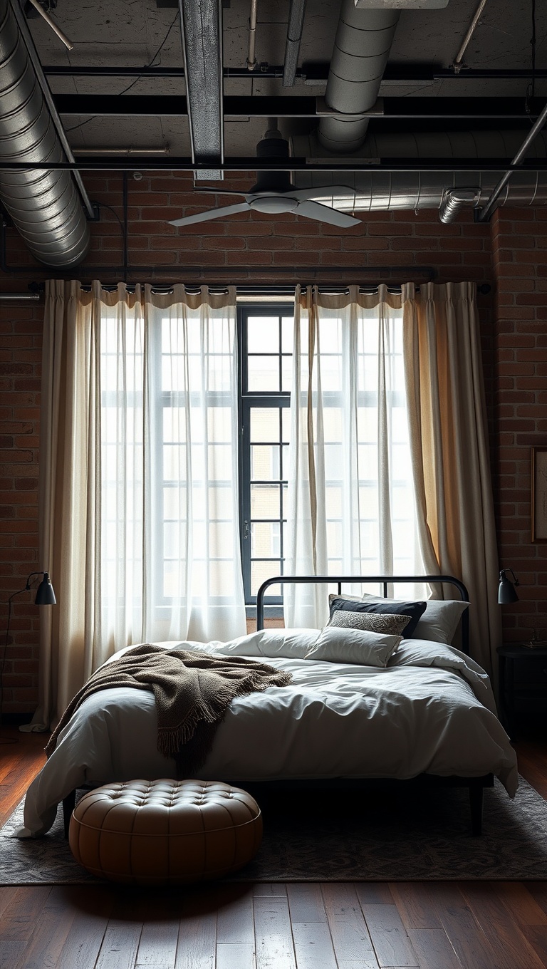 20 Inspiring Ideas to Create Your Dream Industrial Chic Bedroom - Industrial-Style Curtains for Softness