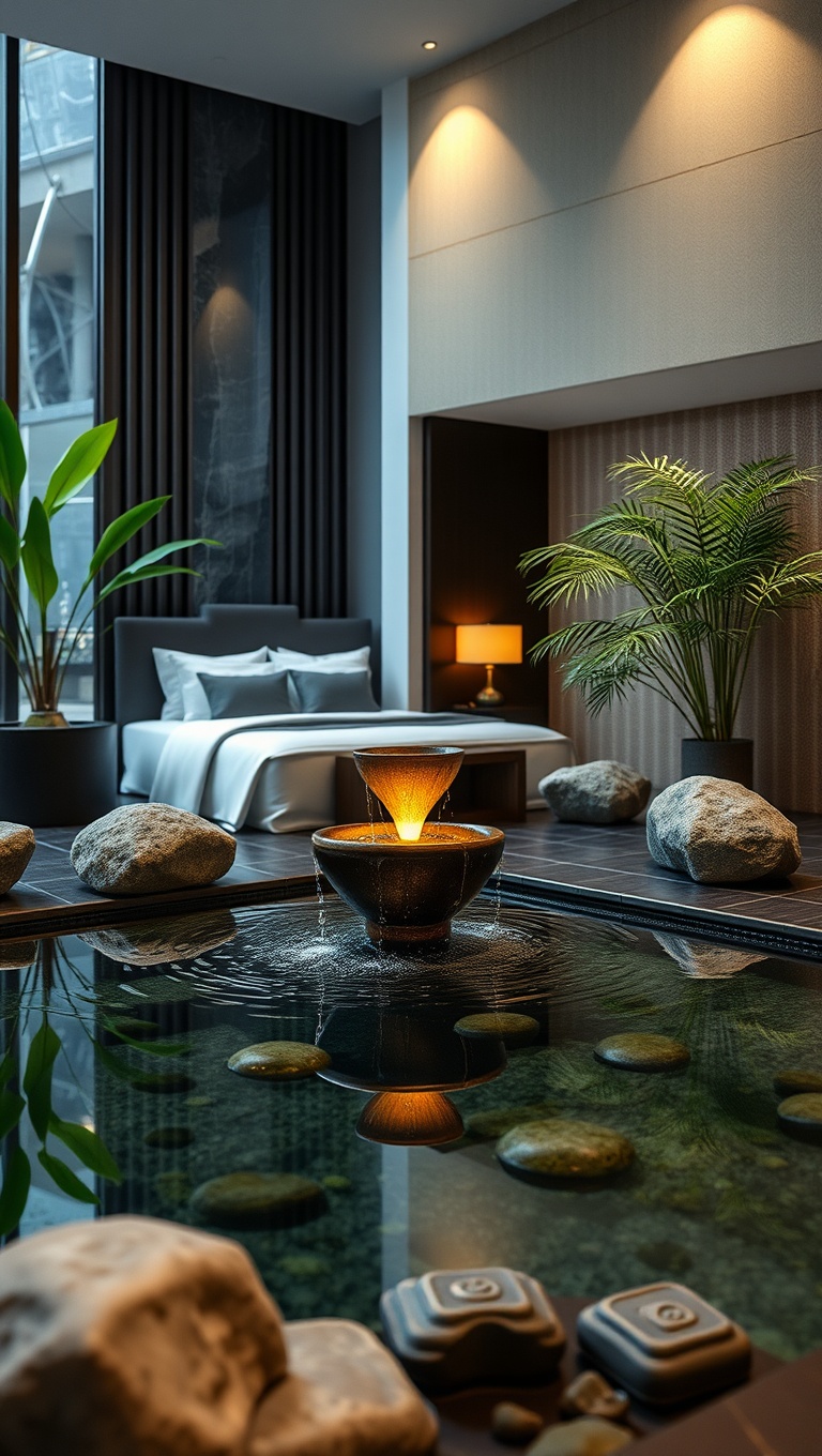 20 Dreamy Ideas to Transform Your Bedroom into a Luxury Spa Retreat - 11. Zen Water Features: Incorporate a Small Indoor Fountain