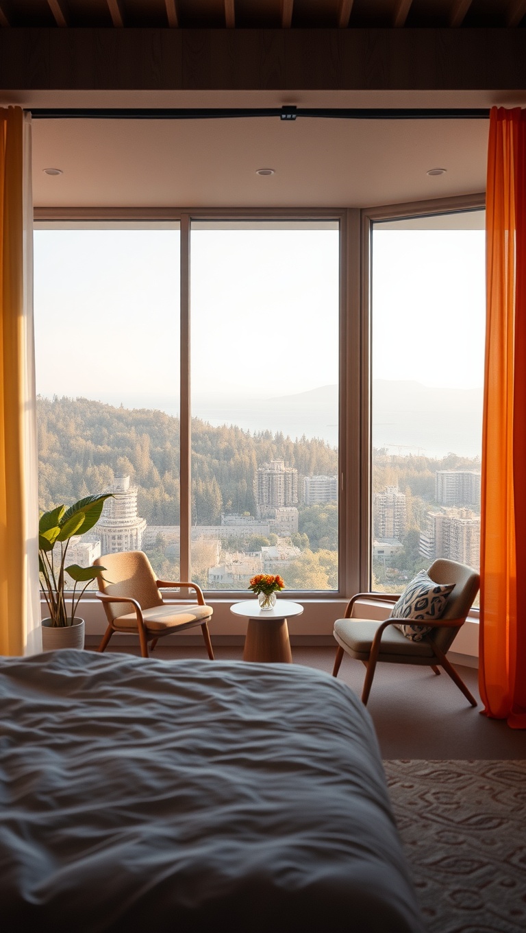 20 Fabulous Ideas to Make Your Mid-Century Modern Bedroom Shine! - 20. Use Colorful Curtains to Frame the View