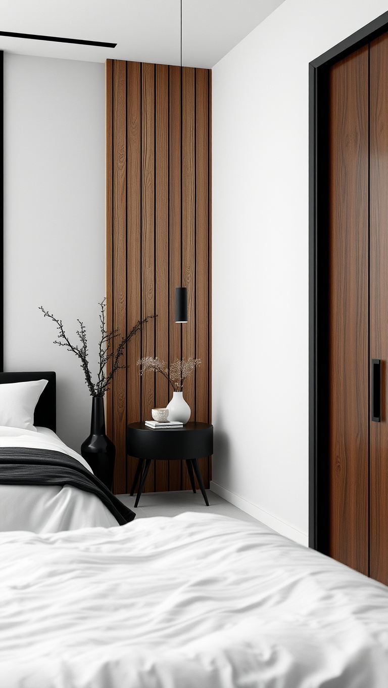 20 Stunning Ideas for a Minimalist Black and White Bedroom - 19. Contrast with Wood: Add a Natural Element to Balance the Palette