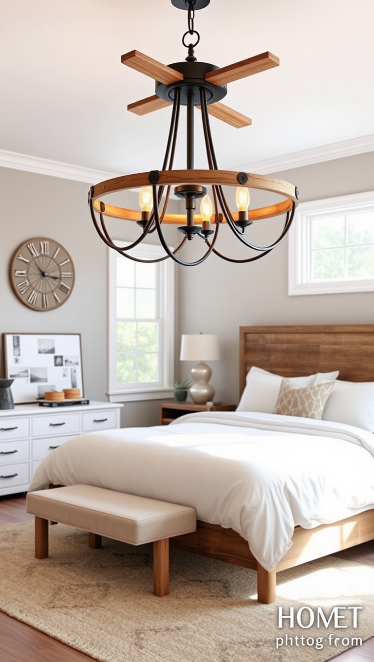 20 Charming Ideas for Modern Farmhouse Bedrooms - 13. Rustic Chandeliers: A Statement Piece for Your Ceiling