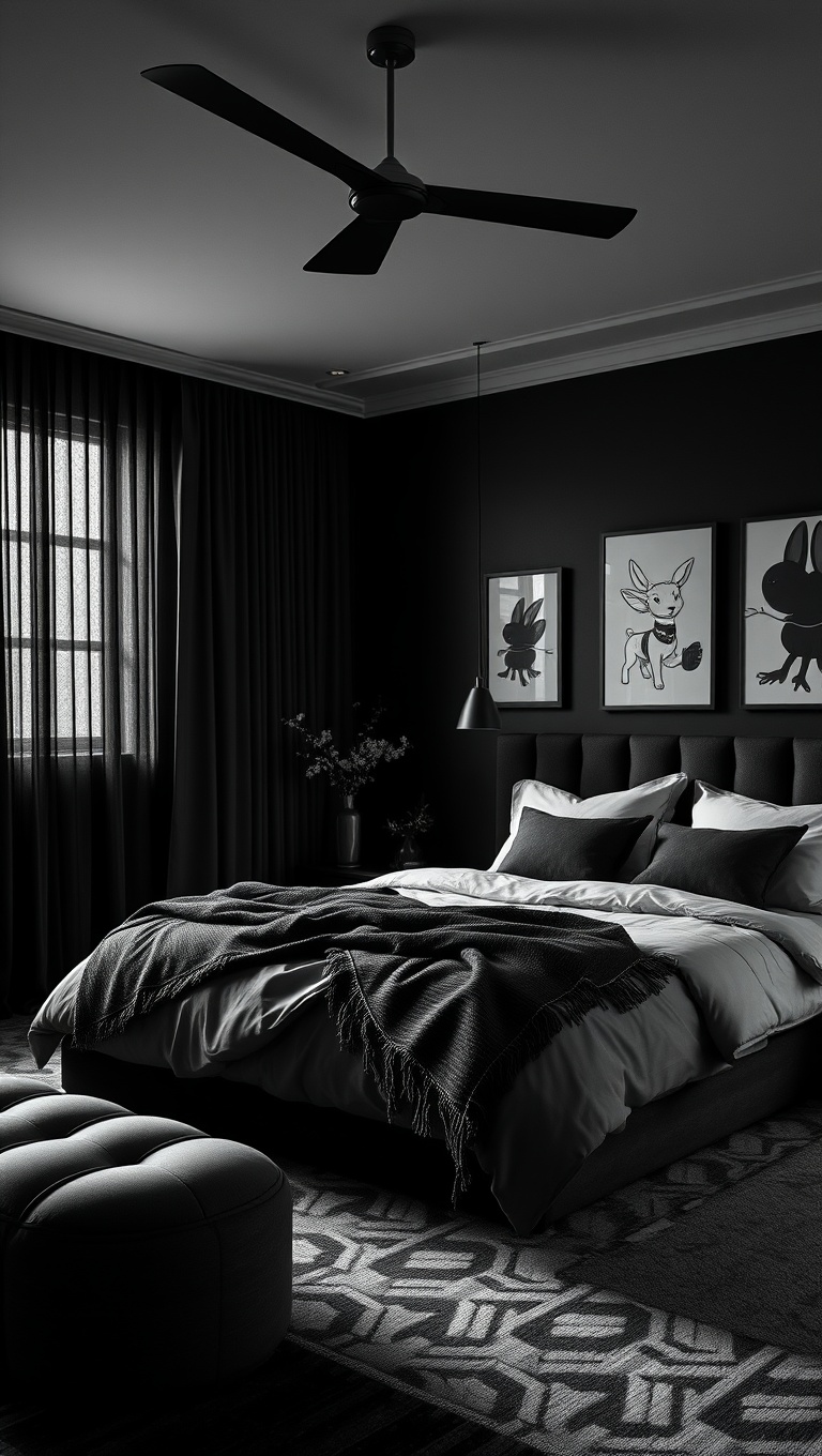 20 Inspiring Ideas for Stunning Monochrome Style Bedrooms - 2. Moody Black Retreat: Drama Meets Comfort