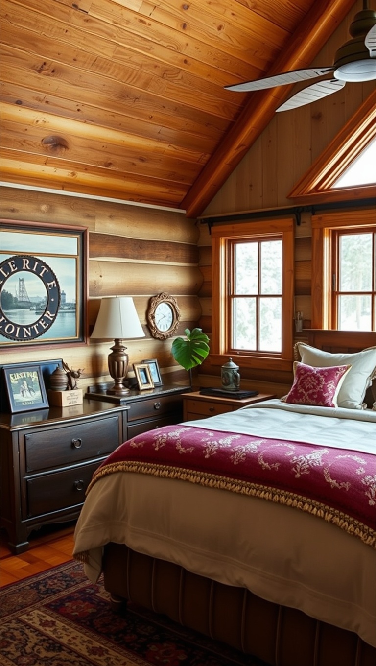 20 Cozy and Charming Ideas for Mountain Lodge Bedrooms - 8. Vintage Finds: Add Character with Antique Decor