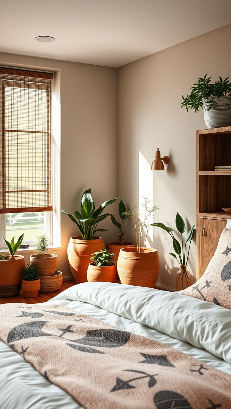 20 Cozy Ideas for a Natural Materials Bedroom - 16. Terracotta Planters for a Rustic Touch