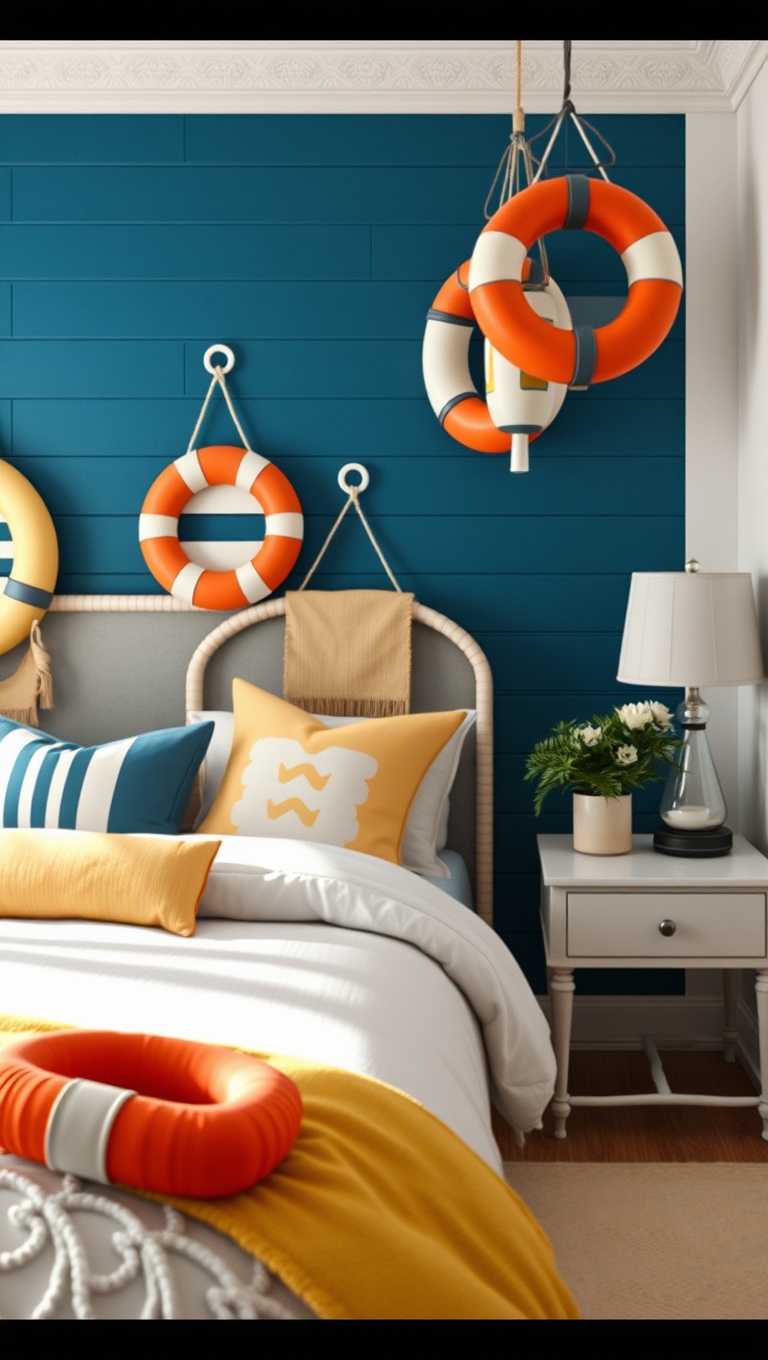 20 Nautical Bedroom Ideas to Make Waves in Your Decor - 16. Buoy Decor: Colorful Floating Buoys as Accents