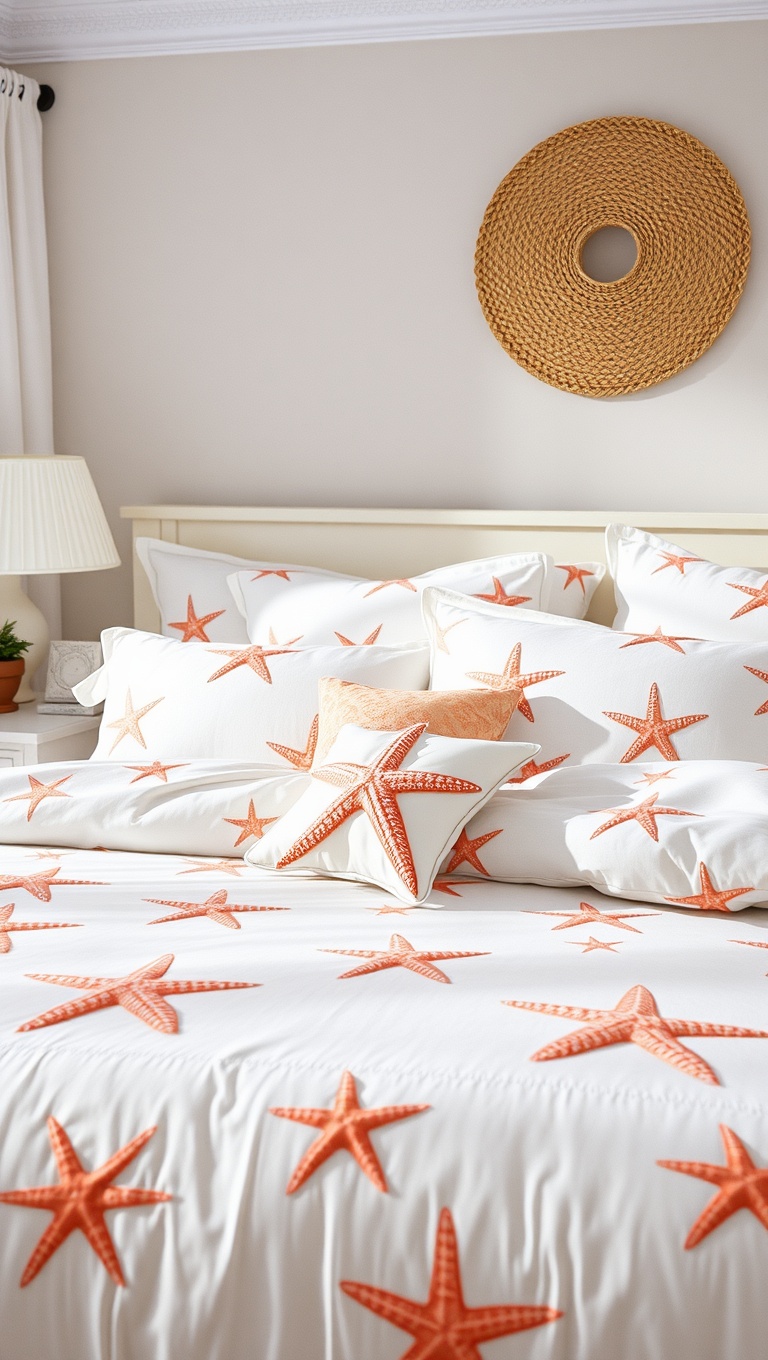 20 Nautical Bedroom Ideas to Make Waves in Your Decor - 3. Beachy Bedding: Seashell and Starfish Patterns