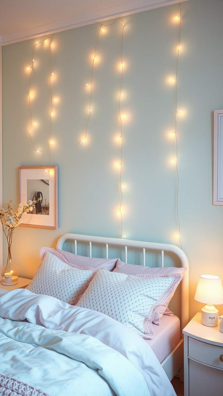 20 Dreamy Ideas for Pastel Color Bedrooms - 13. Pastel Lighting: Twinkling Fairy Lights and Soft Lamps