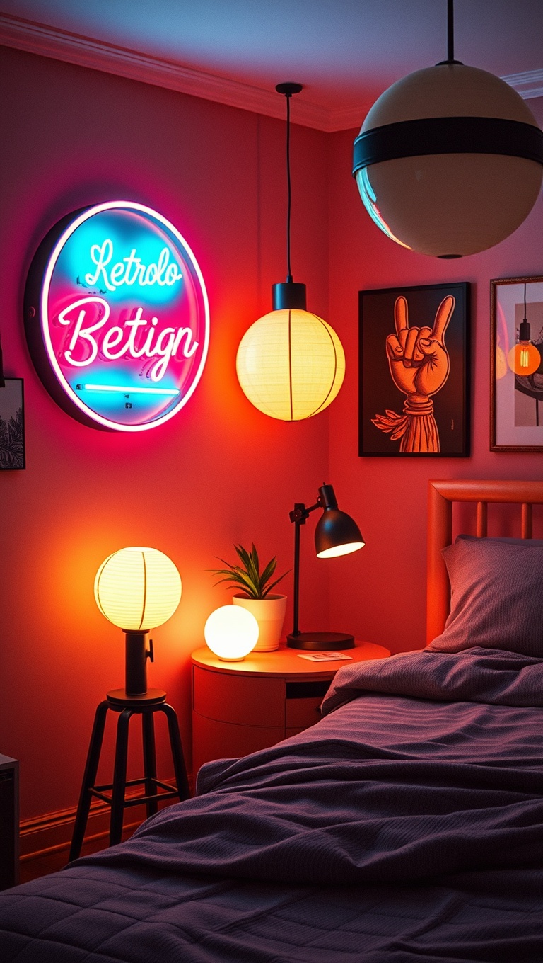 20 Fun Ideas to Create a Retro Style Bedroom - 5. Retro Lighting: Neon Signs to Globe Lamps