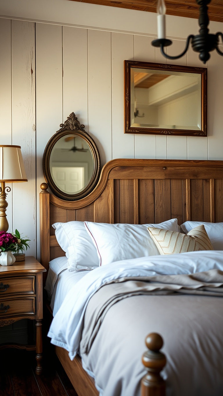 20 Charming Ideas to Create Your Rustic Farmhouse Bedroom - 12. Introduce Vintage Mirrors for Elegance