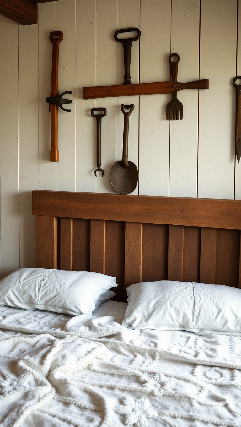20 Charming Ideas to Create Your Rustic Farmhouse Bedroom - 17. Hang Up Antique Farm Tools