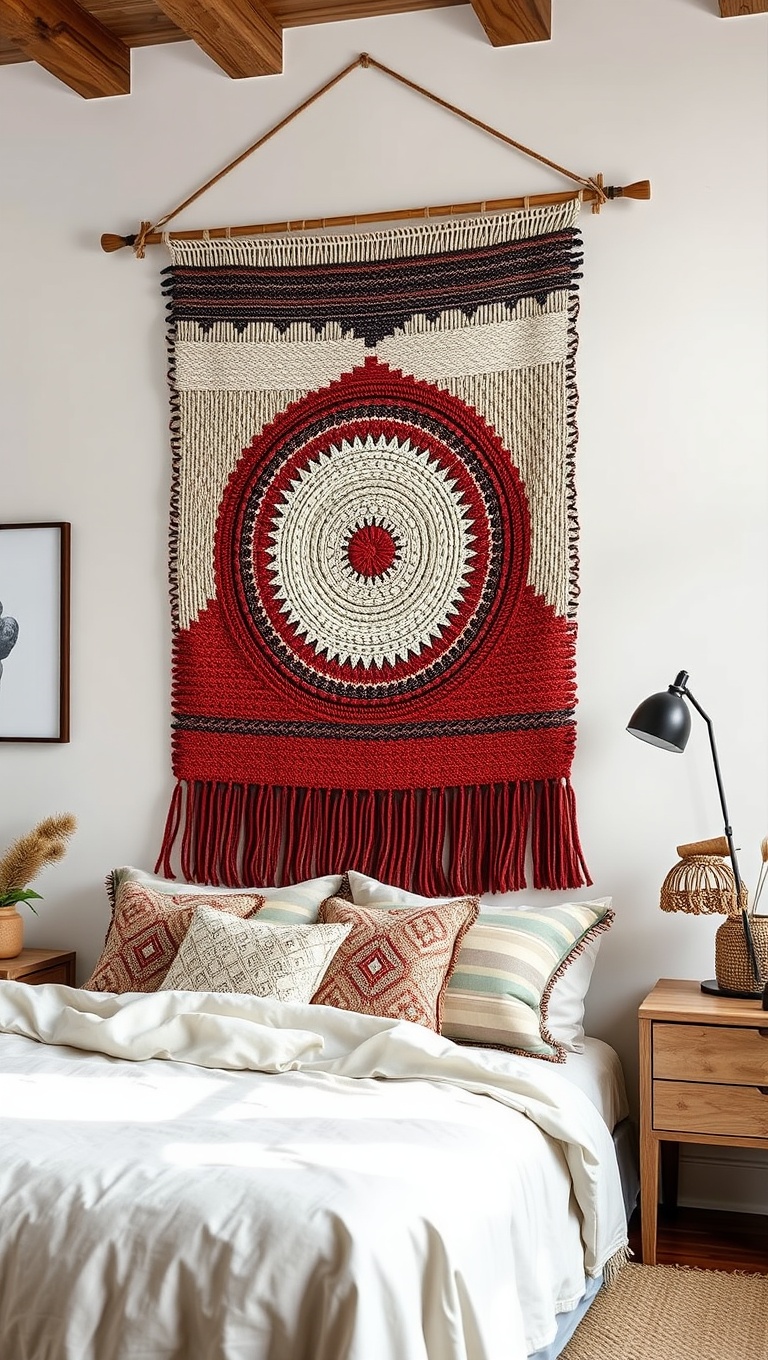 20 Charming Ideas to Create Your Rustic Farmhouse Bedroom - 7. Hang a Woven Wall Tapestry