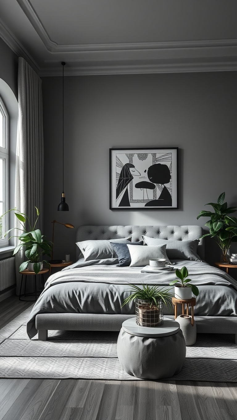 20 Chic Ideas to Elevate Your Gray Scale Bedroom - Indoor Plants: A Splash of Green in Gray