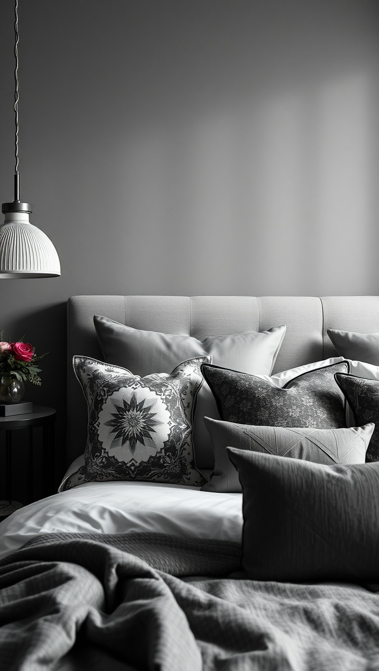 20 Chic Ideas to Elevate Your Gray Scale Bedroom - 13. Decorative Pillows: Pops of Pattern and Texture