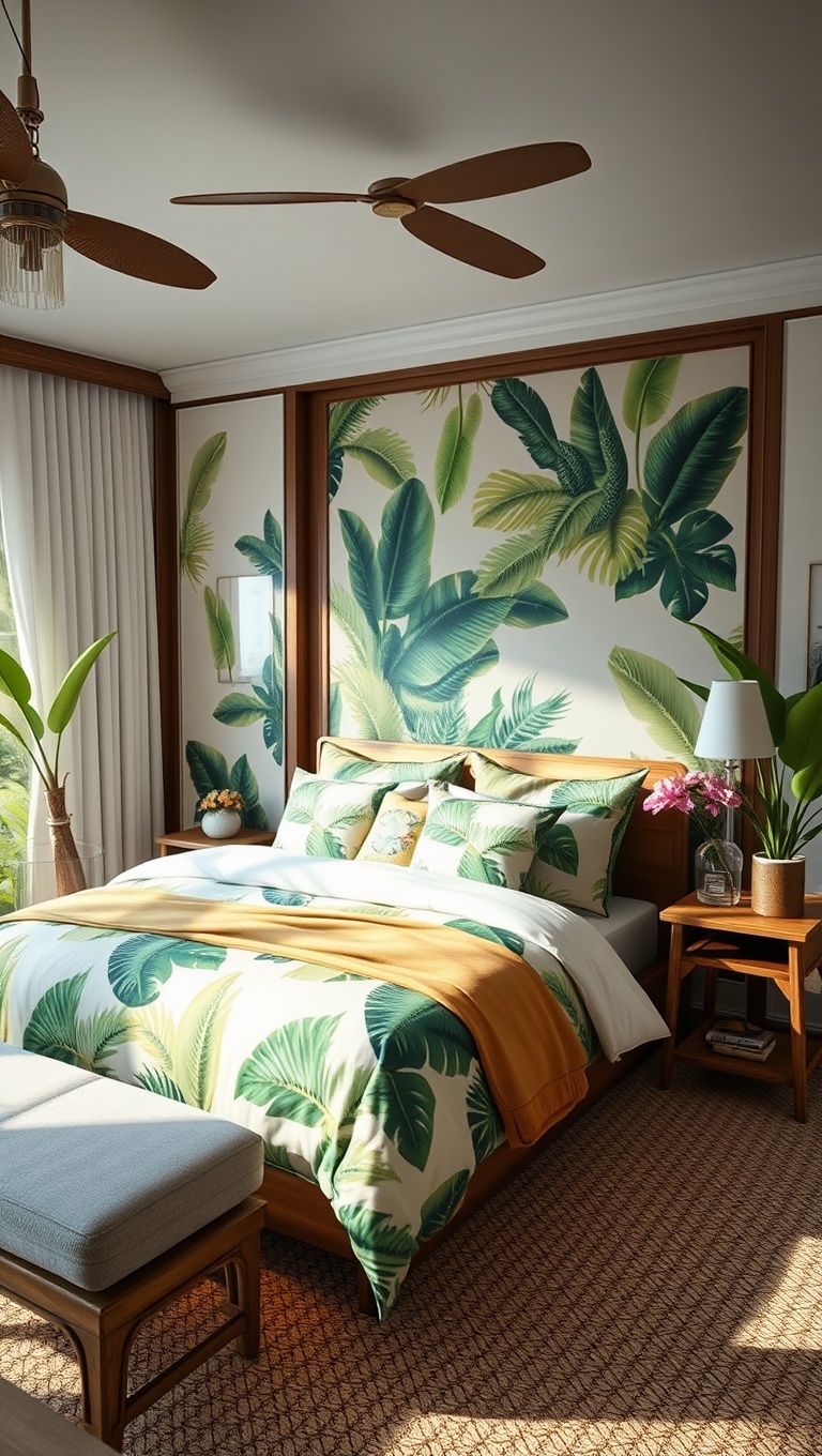 20 Tropical Paradise Bedroom Ideas to Bring the Beach Home - 11. Tropical-Themed Bedding: Dive into Comfort