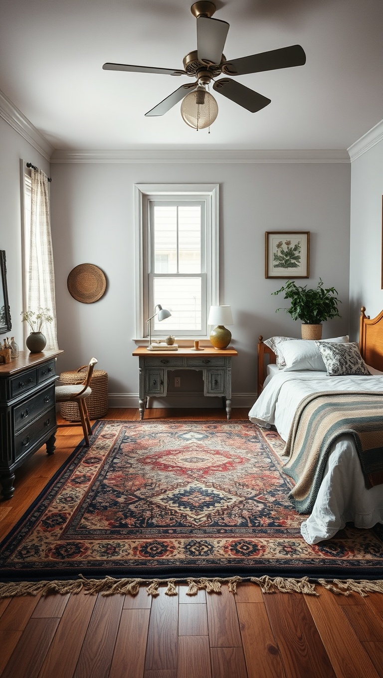 20 Charming Ideas for Vintage Style Bedrooms - 11. Vintage Rugs: Add Texture and Style